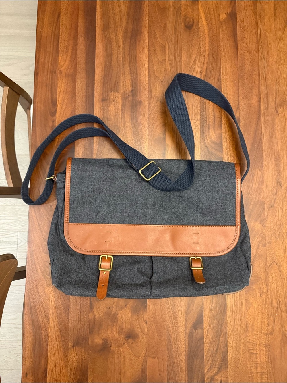 Men's Navy Canvas Messenger Bag with Brown leather Trim